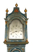 An antique English chinoiserie longcase clock, the case with oriental palace scenes and gilt floral decoration on royal blue ground. Pagoda hood with gilt sound fret and three ball and spire finials, one piece silvered dial break arch dial with subsidiary - 2