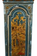 An antique English chinoiserie longcase clock, the case with oriental palace scenes and gilt floral decoration on royal blue ground. Pagoda hood with gilt sound fret and three ball and spire finials, one piece silvered dial break arch dial with subsidiary - 3