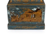 An antique English chinoiserie longcase clock, the case with oriental palace scenes and gilt floral decoration on royal blue ground. Pagoda hood with gilt sound fret and three ball and spire finials, one piece silvered dial break arch dial with subsidiary - 4