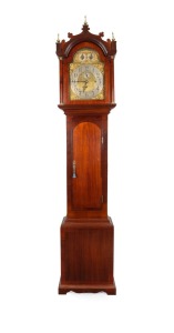 An antique English three train longcase clock, circa 1910. The brass dial, with chime/silent and Whittington/Westminster subsidiary dials to the break arch, recessed seconds subsidiary dial and Arabic numeral engraved chapter ring. Movement chiming the qu