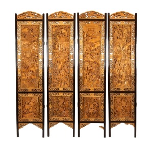 A Chinese carved timber four panel screen, 20th century, ​​​​​​​202cm high, 176cm wide overall.