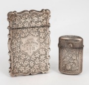 Antique sterling silver calling card case with engraved decoration; together with an antique sterling silver vesta, 19th century, (2 items), the larger 8cm high, 52 grams total.