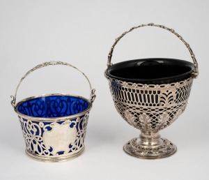 Two antique English sterling silver baskets with original blue glass liners (damaged), 19th century, 12cm and 16cm high, 278 grams (not including glass liners).