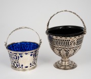 Two antique English sterling silver baskets with original blue glass liners (damaged), 19th century, 12cm and 16cm high, 278 grams (not including glass liners).