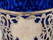 Two antique English sterling silver baskets with original blue glass liners (damaged), 19th century, 12cm and 16cm high, 278 grams (not including glass liners). - 2