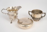 An antique English sterling silver jug, pocket snuffbox and a fine quality two handled cup, (3 items), ​​​​​​​the jug 7.5cm high, 228 grams total.