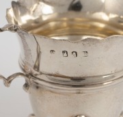 An antique English sterling silver jug, pocket snuffbox and a fine quality two handled cup, (3 items), ​​​​​​​the jug 7.5cm high, 228 grams total. - 2