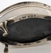 An antique English sterling silver almond shaped jewellery box on cabriole legs with blue silk lining, made in Birmingham, circa 1906, ​​​​​​​4.5cm high, 8.5cm wide, 76 grams total (including lining and base). - 3