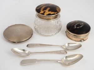 Antique sterling silver teaspoons (3), sterling silver and tortoiseshell lidded crystal vanity jar, sterling silver and tortoiseshell jewellery box and a sterling silver powder compact, mixed vintages, (6 items).