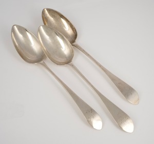 Three antique Scottish sterling silver tablespoons, early 19th century, 23cm long, 190 grams total.