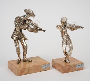 Two Israeli silver statues of violin players, both mounted on marble bases and bearing original labels "Zadok Arts, Israel", stamped "925", 15cm and 17cm high.