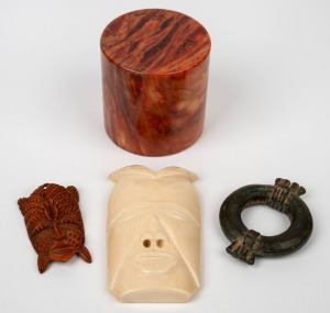 Two African carved ivory face mask ornaments, an African bronze slave ring and an Italian marble cylindrical plinth, (4 items), ​​​​​​​the largest 9.5cm high.