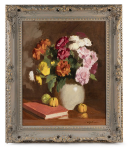 ARTIST UNKNOWN, (still life with flowers, fruit and book), oil on board, signed lower right (illegible), ​​​​​​​50 x 40cm, 65 x 56cm overall.