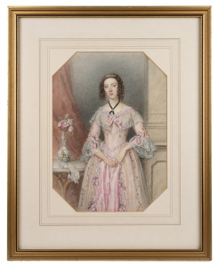 ARTIST UNKNOWN, (portrait of a lady in pink, early to mid 19th century), watercolour, 32 x 23cm, 50 x 41cm overall.