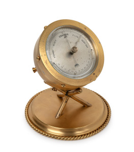 An antique English desk barometer in gilt metal drum case with mercury thermometer, 19th century, ​​​​​​​20cm high overall.