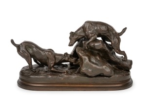 ALBERT LAPLANCHE (1854-1935) German cast bronze figural group of hounds and a fox, signed "A. Laplanche", 17cm high, 30cm long.