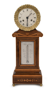 An antique French mantle clock in rosewood case with satinwood inlay, eight day time and bell striking movement with silvered dial and mercury thermometer, circa 1840, 44cm high.