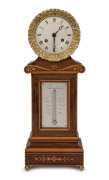 An antique French mantle clock in rosewood case with satinwood inlay, eight day time and bell striking movement with silvered dial and mercury thermometer, circa 1840, 44cm high.