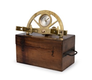 An antique French polished brass graphometer in original fruitwood carry case, the mounted compass with silvered dial, 19th century, the case 35cm high including handle.