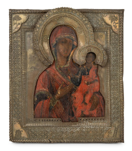 An antique "Madonna and Child" hand-painted Russian icon with repousse brass mount, 19th century, 32 x 27cm.