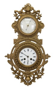 An antique French wall clock barometer in gilt metal case with eight day time and strike movement and Roman numerals, 19th century, note: later painted gold finish. 51cm high.
