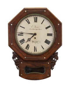 An antique English drop-dial wall clock in rosewood case with carved grape decoration and mother of pearl inlay, single train fusee movement, by "E. FEAR 33-35 Redcliff Street, Bristol", 19th century, ​​​​​​​56cm high.