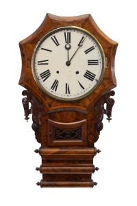 An antique American wall clock in an English burr walnut case, eight day time and strike movement with Roman numerals, 19th century, ​​​​​​​80cm high.