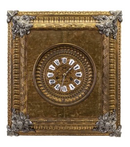 ANSONIA antique American wall clock in pressed brass and silvered metal picture frame case with olive green velvet lining, eight day time and strike movement with enamel cartouche Roman numerals, 19th century, ​​​​​​​50 x 45cm.