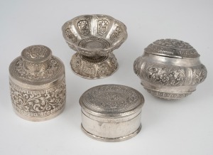 Antique Asian silver tea caddy, oval lidded box, engraved cup and unusual amulet box with floral decoration, 19th/20th century, (4 items), the tea caddy 6cm high, 270 grams total.