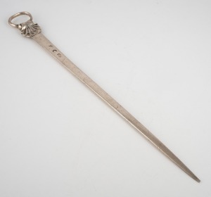 A Georgian sterling silver meat skewer with shell decoration, marks rubbed, made in London, 18th century, 28cm long, 70 grams.