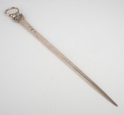 A Georgian sterling silver meat skewer with shell decoration, marks rubbed, made in London, 18th century, 28cm long, 70 grams.
