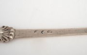 A Georgian sterling silver meat skewer with shell decoration, marks rubbed, made in London, 18th century, 28cm long, 70 grams. - 2