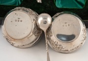 An antique English boxed set of four sterling silver salt cellars with sterling silver spoons, by Colen Cheshire of Birmingham, circa 1891, ​​​​​​​the box 17cm wide, 184 grams total. - 2