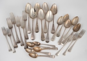 A collection of Georgian silver Old English pattern cutlery, mixed makers and vintages, mainly 18th and early 19th century, (27 items), the largest 21cm long, 1,120 grams.