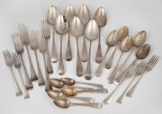 A collection of Georgian silver Old English pattern cutlery, mixed makers and vintages, mainly 18th and early 19th century, (27 items), the largest 21cm long, 1,120 grams.