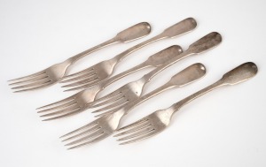 A set of six William IV sterling silver fiddle pattern dessert forks by James Barber and William North of York, 1839, ​​​​​​​16cm long, 260 grams total.