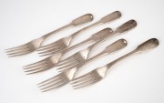 A set of six William IV sterling silver fiddle pattern dessert forks by James Barber and William North of York, 1839, ​​​​​​​16cm long, 260 grams total.