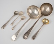 A collection of sterling silver cutlery comprising of an Old English pattern sauce ladle by George Smith II (London, 1797), an Old English pattern cream ladle by Richard Crossley (London, 1798) and four various salt spoons, (6 items), the sauce ladle 18cm