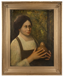 ARTIST UNKNOWN, (portrait of a woman with pear), oil on canvas laid down on board, 54 x 40cm, 68 x 56cm overall.