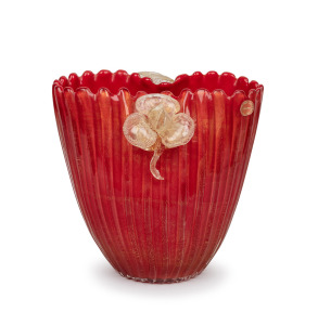 ARCHIMEDE SEGUSO (1909-1999) red Murano glass vase adorned with applied floral decoration and gold foil inclusions, for VETRERIA ARCHIMEDE SEGUSO, circa 1940s, bearing two original red foil labels "Archimede Seguso, Murano, Made in Italy" and "Made in Ita