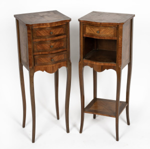 A pair of French tulipwood his and hers bedside cabinets, early 20th century, bearing Parisian maker's plaque "MAURICE WIMPHEN & FILS" attractive slim proportions 75cm high, 28cm wide, 27cm deep.