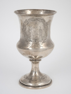 An antique English sterling silver military shooting trophy cup engraved with flags and vignette of a shooting scene, made in London, circa 1860, 15.5cm high, 168 grams.