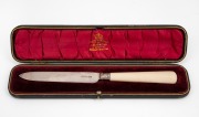 An antique English sterling silver cake knife with ivory handle, housed in original plush fitted box, by Atkin Bros. of Sheffield, circa 1902, ​​​​​​​24cm long.