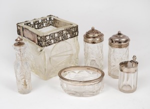 Sterling silver mounted crystal condiments, together with an 830 silver mounted square form Modernist pressed glass vase, (6 items), the largest 9cm high.