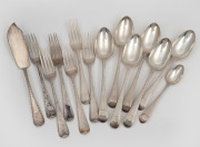 A collection of George III and William IV sterling silver Old English and Feather Edge pattern cutlery. Comprising of six dessert spoons by Mary Chawner of London, 1836, six dessert forks by William Eley and William Fearn of London, 1818, a Victorian butt