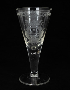 An antique wine glass with engraved Marquess's coat of arms and coronet, 19th century, 19cm high.