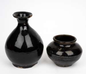 Antique Korean black glazed globular jarlet and bottle, Choson Dynasty, 17th/18th century, (2 items), A/F, 8.5cm and 17cm high.