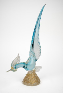 A Murano blue glass pheasant statue with gold foil inclusions, 35cm high.