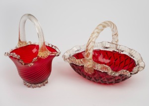 Two red Murano glass baskets with gold foil inclusions, 15cm and 13cm high.