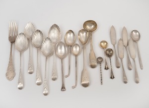 Assorted antique and vintage sterling silver teaspoons, salt spoons, butter knives, mustard spoons etc., mixed vintages, (19 items), 188 grams total.